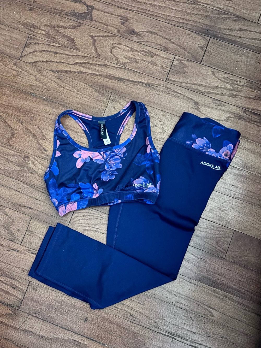 Adore Me Navy Blue Floral Sports Bra and Capri Leggings Set